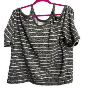 Seven7 Dark Gray Cream Striped Knit Open Shoulder Top 22/24